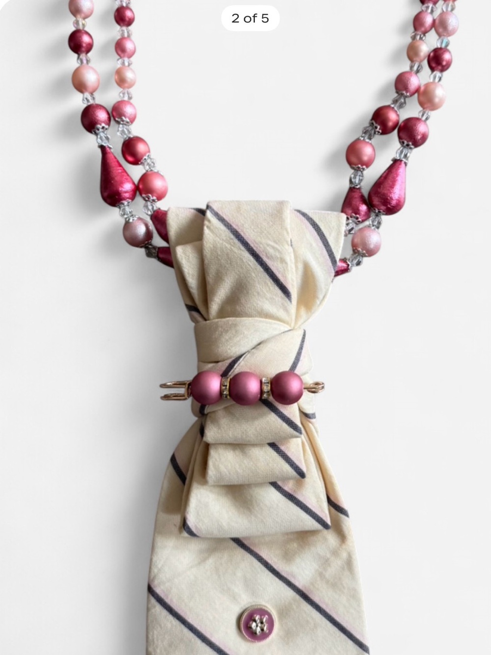Hand Crafted Cream Vintage NeckTie Necklace Pink Pearl Accents Academic Preppy - Picture 5 of 7